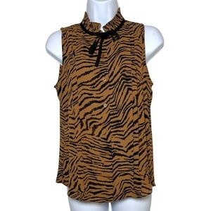 White House Black Market Brown Zebra Print Tie Neck Sleeveless Blouse XXS